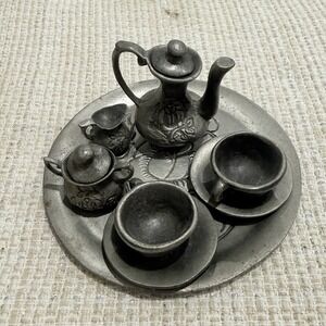 VTG Dollhouse Miniature 10 Piece Coffee Service Tea Set Pewter Royalty